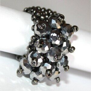 Silver Hematite Faceted Crystal Seed Bead One Size Stretch Ring 7-10
